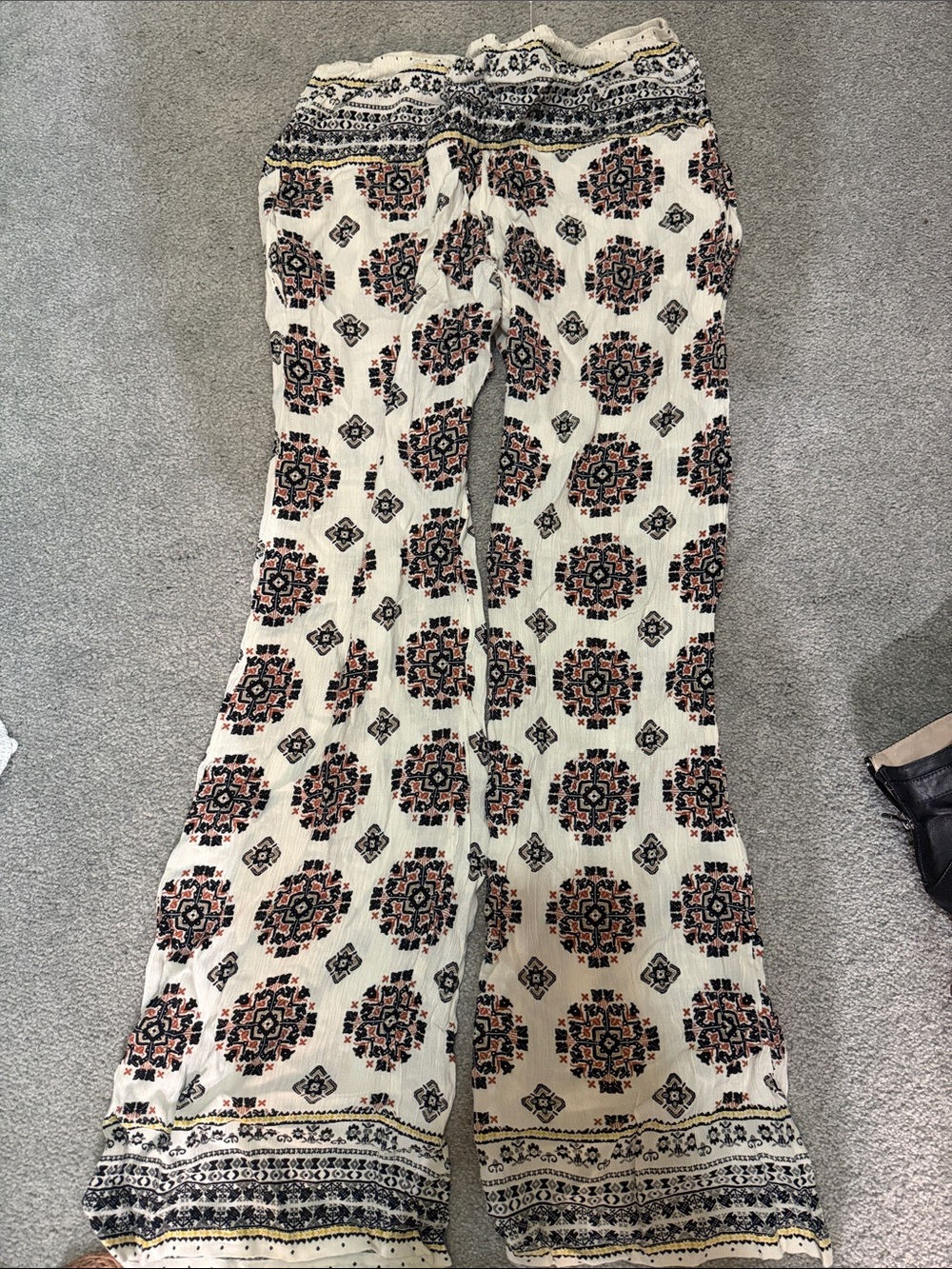 Mint Cream Printed Wide-Leg Jumpsuit Pants with Black & Rust Medallions